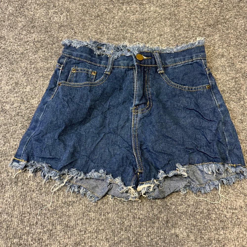 Unbranded Denim Shorts Womens Size 25 Dark Wash High Waisted Frayed Raw Hem Blue